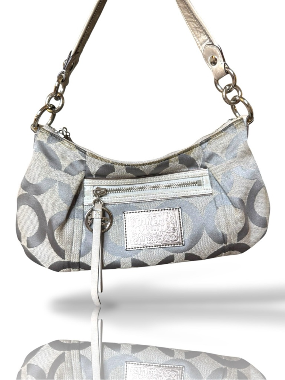 Coach Poppy Op Art Metallic Silver Signature Crescent Shoulder/Crossbody Bag